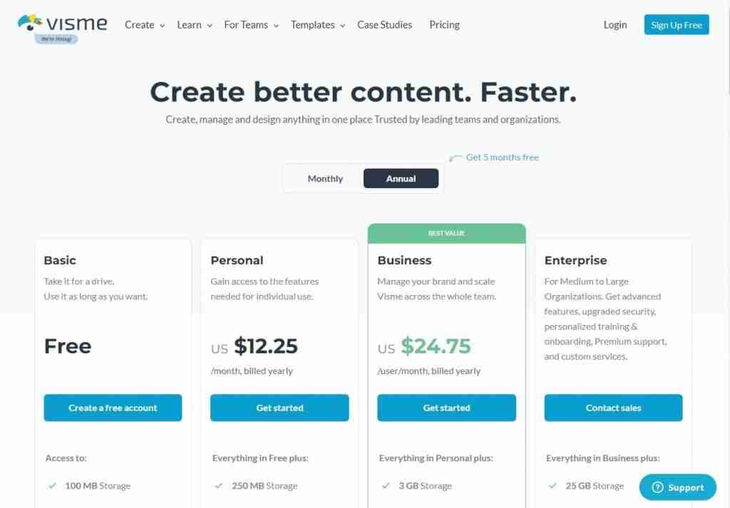 VISME FREE AND PAID PLANS