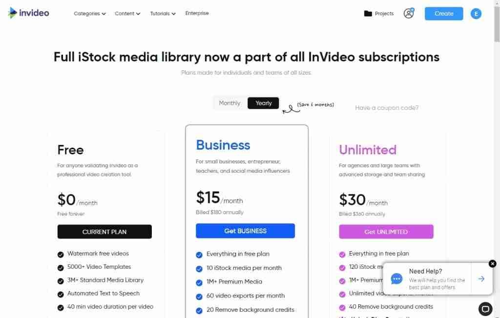 INVIDEO FREE AND PAID PLANS